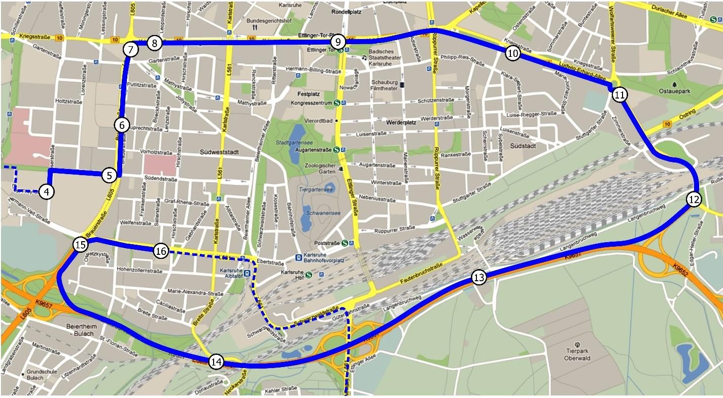 Karte von Karlsruhe mit der blau eingezeichneten GPS-Strecke und den Markern 4 bis 16